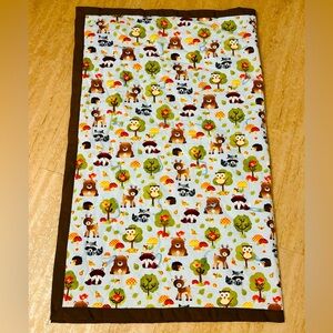 Homemade Baby Blanket “Forest Friends” backing brown fabric/ trim 42x34
